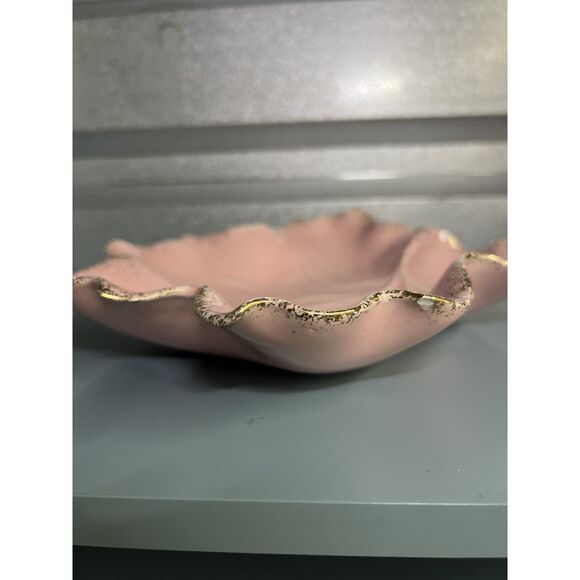 VTG California Pottery #719 Pink Leaf Dish Gold Trim + MCM Pink Gold 2 Tier Tray - Picture 9 of 16